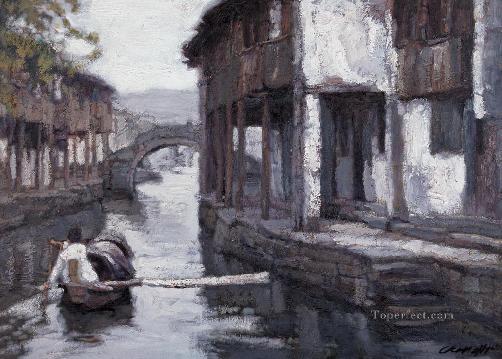 中国南部の河畔都市山水の中国の風景油絵